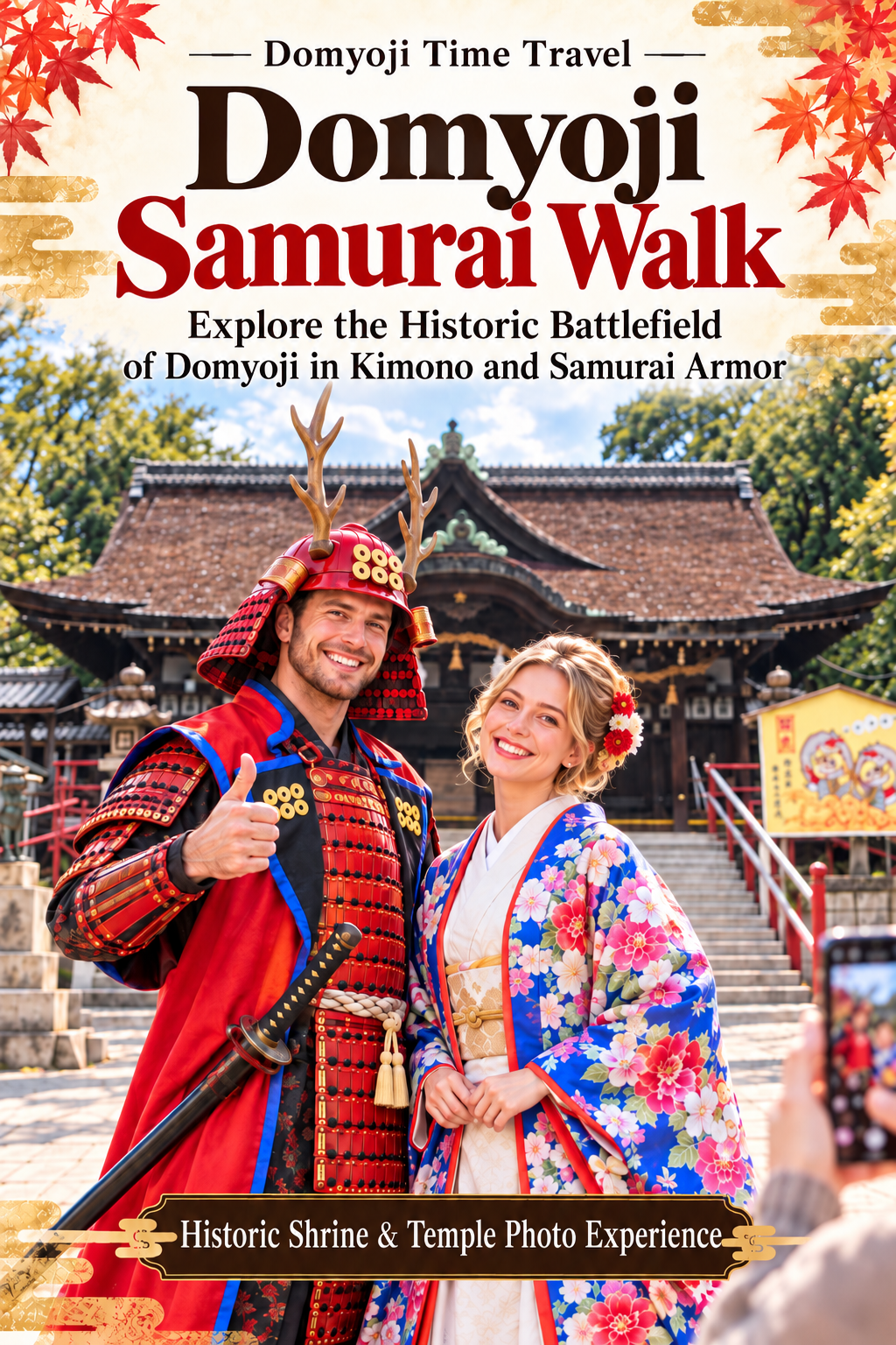Domyoji Time Travel: Domyoji Samurai Walk. Explore the Historic Battlefield of Domyoji in Kimono and Samurai Armor. Historic Shrine & Temple Photo Experience